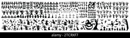 Grande set di icona e personaggio della silhouette di Halloween. Illustrazione vettoriale di Halloween isolata su sfondo bianco. Elemento horror disegnato a mano Illustrazione Vettoriale