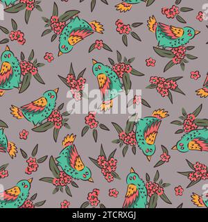 Motivo senza cuciture con simpatici motivi di uccelli e fiori disegnati a mano Illustrazione Vettoriale