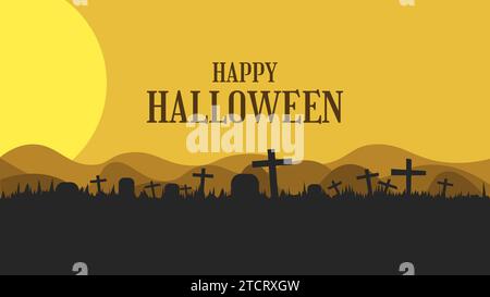 Striscione di auguri di buon Halloween con cimitero e lapide in design piatto Illustrazione Vettoriale