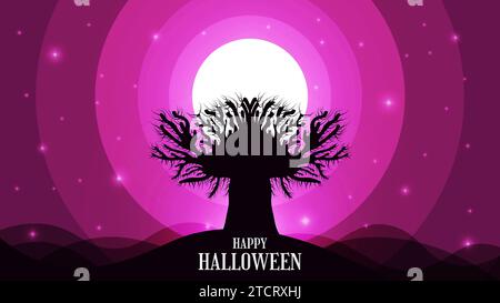Sfondo inquietante di Halloween con un grande albero spettrale al chiaro di luna e un cielo stellato Illustrazione Vettoriale