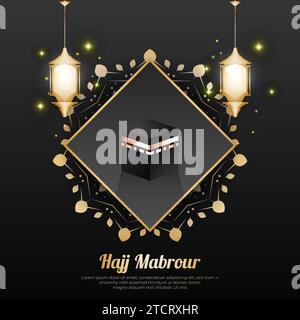 Hajj Mabrour sfondo con Kaaba e Golden Lamps. Sfondo islamico per banner, poster o biglietti d'auguri Illustrazione Vettoriale