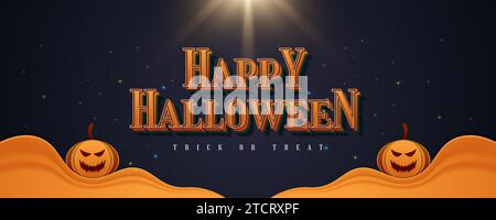 Banner di buon Halloween con testo 3d e zucche sorridenti Illustrazione Vettoriale