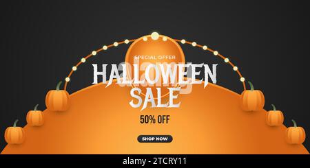 Banner di Halloween con zucca su sfondo nero. Banner per lo shopping online con tema Halloween Illustrazione Vettoriale