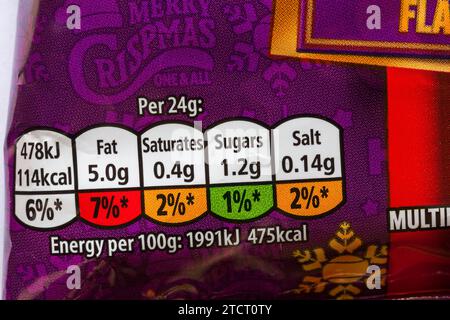 Informazioni nutrizionali etichettatura dei semafori etichetta codificata a colori su confezioni multiple di patatine Walkers Sweet & speziate Christmas Pudding Foto Stock