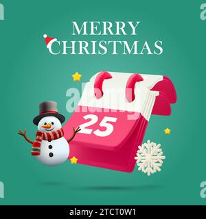 Striscione 3d di buon Natale, modello di sfondo con calendario carino, pupazzo di neve, fiocco di neve, isolato su sfondo verde. Informazioni sulla landing page o sulla newsletter natalizia. Illustrazione vettoriale. Illustrazione vettoriale Illustrazione Vettoriale