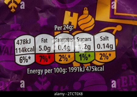 Informazioni nutrizionali etichettatura dei semafori etichetta con codice colore sulla confezione di patatine Walkers Sweet & speziate Christmas Pudding Foto Stock