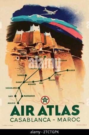 Robert Falcucci - poster d'epoca Air Atlas Mountains Mappa di viaggio Casablanca Marocco Maroc 1948 Foto Stock