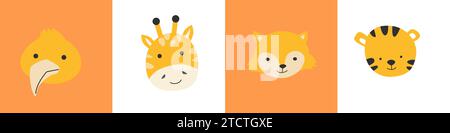tropicale e foresta simpatici animali semplici facce sfondi. Illustrazione vettoriale con semplici ritratti scandinavi di piccoli animali - kiwi di uccelli, giraffa, volpe, tigre. Utilizzabile per la progettazione di vivai. Illustrazione Vettoriale