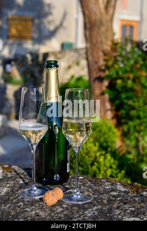 Degustazione di ottimo vino bianco frizzante cru con champagne bollicine con vista sulle case degli Hautvillers, dove visse il monaco benedettino per primo sviluppò il campione Foto Stock