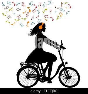 Donna stilizzata che va in bicicletta e ascolta musica con le cuffie Illustrazione Vettoriale