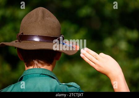 Il boy scout in uniforme esegue un saluto di tre dita. Gesto della mano del simbolo scout. Francia. Foto Stock