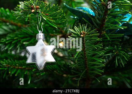 Augusta, Baviera, Germania - 13 dicembre 2023: Bauble e ornamenti natalizi su un albero di Natale a Natale *** Christbaumkugel und Schmuck an einem Weihnachtsbaum zu Weihnachten Foto Stock