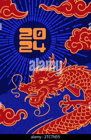 Capodanno cinese del Drago di legno. Sole e nuvole. Luminoso banner Vector vintage nei colori neon degli anni '90, stile asiatico. Lanterne di carta. Font vintage 2 Illustrazione Vettoriale