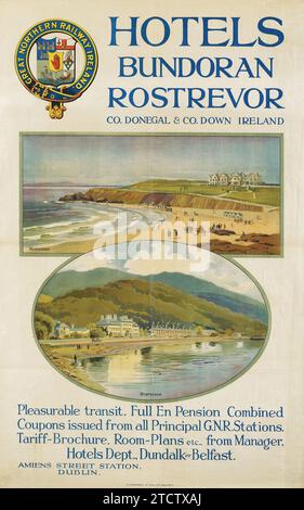 Hotels Bundoran & Rostrevor - promozione delle località balneari nelle contee Donegal e Down, Irlanda, c 1925 Foto Stock