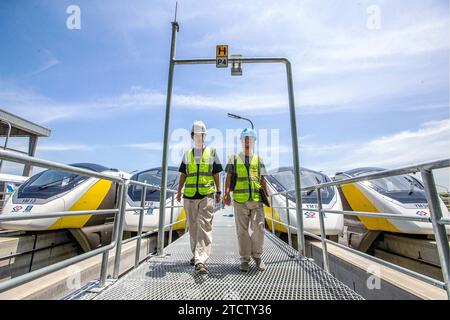 (231214) -- BANGKOK, 14 dicembre 2023 (Xinhua) -- i membri dello staff della China Railway Rolling Stock Corp (CRRC) Puzhen Alstom Transportation Systems Limited sono visibili al Yellow Line Monorail Maintenance Center di Bangkok, Thailandia, 22 settembre 2023. Prodotta dalla CRRC cinese Puzhen Alstom Transportation Systems Limited e gestita da agenzie tailandesi, la monorotaia "Yellow Line" ha iniziato le operazioni commerciali a luglio. La Pink Line ha iniziato una prova pubblica il 21 novembre. Entrambe le linee della monorotaia sono dotate di treni senza conducente economici con costi di costruzione inferiori rispetto alla metropolitana tradizionale Foto Stock