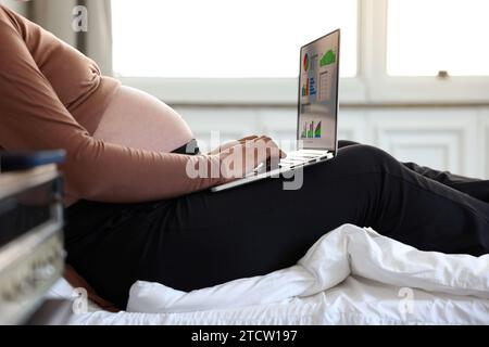 Donna incinta che lavora da casa mentre è sdraiata a letto e lavora su un computer portatile Foto Stock