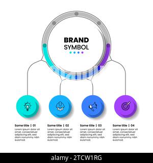 Modello infografico con icone e 4 opzioni o passaggi. Cerchi collegati. Può essere utilizzato per layout del flusso di lavoro, diagrammi, banner, webdesign. Illustrati vettoriali Illustrazione Vettoriale