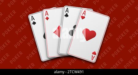 Concetto di poker. Fan delle carte da gioco a mano. Tavolo da gioco rosso. Quattro assi con cuori, mazze, diamanti e picche. Illustrazione Vetor. Illustrazione Vettoriale