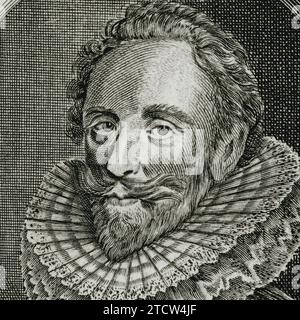 Dudley Carleton, i visconte Dorchester (1573 - 1632), diplomatico e politico che servì due re Stuart, Giacomo i d'Inghilterra e vi di Scozia e Carlo I.. Fu membro del Parlamento inglese nei primi anni '1600 e fu nominato Segretario di Stato nel 1628. Dettaglio quadrato dell'incisione dell'incisore e artista inglese John Sturt (1658-1730), dopo un ritratto di Michiel Jansz. Van Miereveldt (1567-1641). L'incisione fu pubblicata nel 1713. Foto Stock