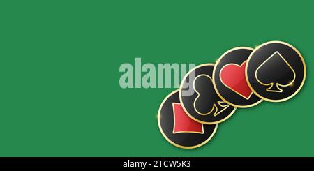 Gettoni da gioco con tute per poker e casinò. Set di monete da poker rosse e nere. Diamanti, club, cuori, picche. Illustrazione vettoriale in verde Illustrazione Vettoriale