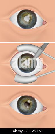La lente naturale dell'occhio è stata sostituita da una lente intraoculare artificiale IOL . Chirurgia della cataratta, chiamata anche chirurgia di sostituzione della lente. Illustrazione Vettoriale