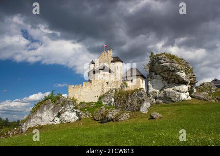 Vista del castello di Bobolice, castello reale del XIV secolo nel villaggio di Bobolice, Giura polacca, Polonia Foto Stock