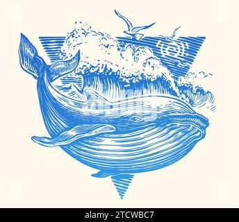 Onde e balene, pesce di mare in stile vintage. Illustrazione vettoriale disegnata a mano per poster, tatuaggi, t-shirt e grafica di biglietti Illustrazione Vettoriale