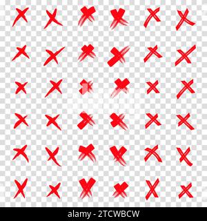 Grunge set X. Imposta le forme rosse su uno sfondo trasparente isolante. X raccolta di set vettoriali con contrassegno rosso. Icona a croce dai tratti della spazzola a mano. Mano dr Illustrazione Vettoriale