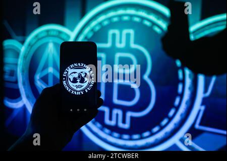 In questa foto, un logo del Fondo monetario internazionale (FMI) viene visualizzato su uno smartphone con le criptovalute sullo sfondo. Foto Stock
