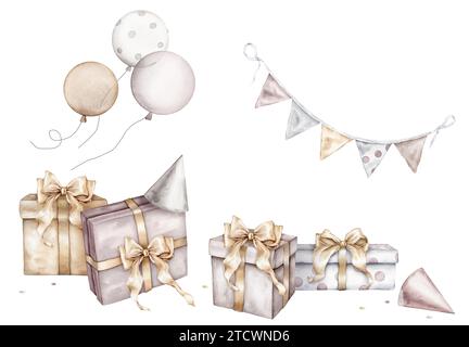 Set di colori pastello e bianco con scatole regalo a pois con fiocchi. Ghirlanda con bandiere e palloncini. Illustrazione del disegno a mano acquerello attivata Foto Stock