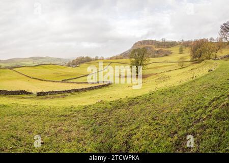 Splendido paesaggio sotto l'ex cava di Langcliffe e sotto Lower Winskill, vicino a Settle, Yorkshire Dales National Park Foto Stock