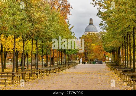 Un viale alberato in autunno al Jardin du Luxembourg con la cupola del Panthéon sullo sfondo, Parigi, Francia Foto Stock