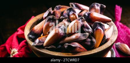 Pinoli in una rustica ciotola di legno, cibo tradizionale dei festival brasiliani di giugno, servito caldo e cotto. Foto Stock