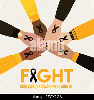 Illustrazione del mese di sensibilizzazione al cancro cutaneo. Mani femminili impilate insieme a nastri tumorali gialli e neri. Frase di lotta. Prevenzione del cancro, donne Illustrazione Vettoriale