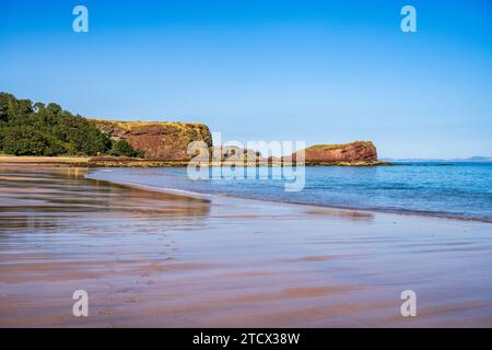 Vista a ovest attraverso le sabbie dorate di Seacliff Beach fino alle scogliere e al promontorio alla fine della baia, East Lothian Coast, Scozia, Regno Unito Foto Stock