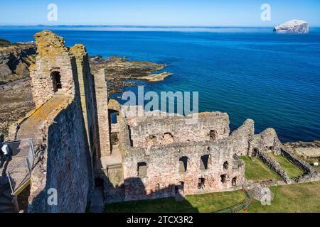 Vista sopraelevata della Douglas Tower e della North Range, con la lontana Bass Rock, dalla cima del Curtain Wall al castello di Tantallon nell'East Lothian, Scozia, Regno Unito Foto Stock