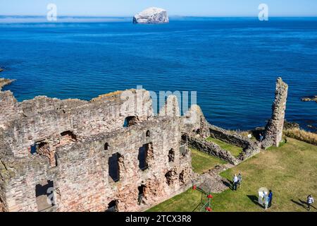 Vista elevata della catena montuosa settentrionale e della zona interna, con la lontana Bass Rock, dalla cima del Curtain Wall al castello di Tantallon nell'East Lothian, Scozia, Regno Unito Foto Stock
