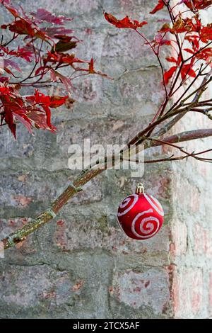 Ornamento natalizio rosso appeso al ramo dell'albero prima del muro di mattoni intemprati Foto Stock