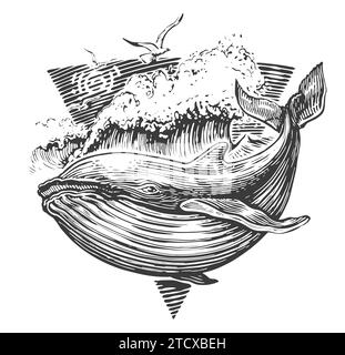 Onde disegnate a mano e bozzetti di balene, pesci di mare. Stile nautico, illustrazione per poster, tatuaggio, t-shirt e disegno di carte Foto Stock