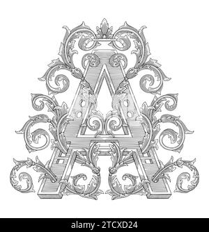 Lettera maiuscola d'epoca A con rotolo a foglia ornamentale, illustrazione del disegno per incisione Illustrazione Vettoriale