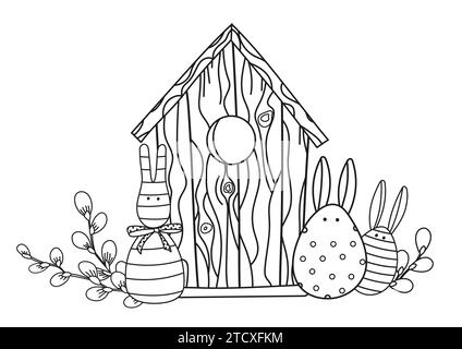 Pagina da colorare a tema pasquale per bambini con Un Birdhouse, uova di Pasqua e salice, presentata come Un'illustrazione vettoriale in bianco e nero per Un libro da colorare Illustrazione Vettoriale