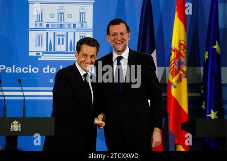 01/16/2012. Madrid. Spagna. Palazzo Moncloa. Incontro tra il primo Ministro Frances Sarkozy e il Presidente del governo Mariano Rajoy. Foto: De San Bernardo. archdc. Crediti: Album / Archivo ABC / Eduardo San Bernardo Foto Stock