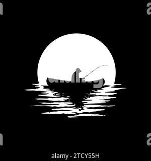 silhouette uomo pesca alla luna logo vintage illustrazione vettoriale disegno grafico icona modello. logo creative fisher Illustrazione Vettoriale
