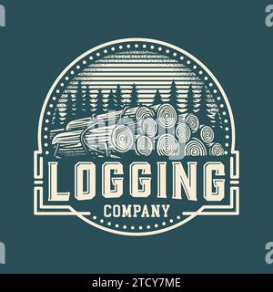 Modello con logo vintage in legno. Badge creativo per lavori in legno, aziende di falegnameria. Illustrazione Vettoriale