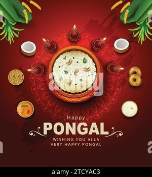 Festa di raccolta dell'India del sud, feste di Pongal felici saluti con gli elementi di Pongal, foglia di banana con il cibo di Pongal. Disegno vettoriale dell'illustrazione Illustrazione Vettoriale