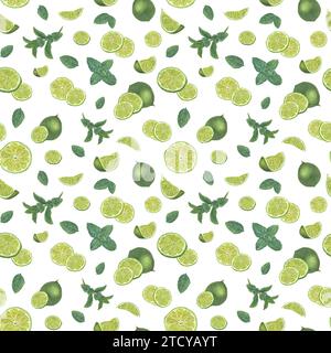 Fette di lime fresco e foglie di menta verde. Pattern senza cuciture di agrumi e piante isolati su bianco. scrapbook. Illustrazione ad acquerello della frutta estiva Foto Stock