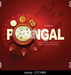 Festa di raccolta dell'India del sud, feste di Pongal felici saluti con gli elementi di Pongal, foglia di banana con il cibo di Pongal. Disegno vettoriale dell'illustrazione Illustrazione Vettoriale