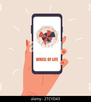 La ruota della vita. La donna analizza i suoi bisogni. Smartphone femminile che tiene la mano con diagramma circolare dell'equilibrio vitale. Concetto di benessere. Vettore Illustrazione Vettoriale