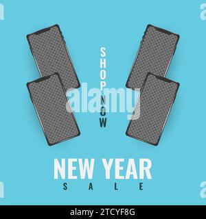 Banner promozionale o poster con modello di smartphone su sfondo blu per la promozione di Capodanno Illustrazione Vettoriale