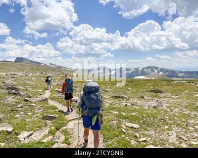 Gli escursionisti con zaini attraversano l'aspra distesa del North Inlet Trail, ammirando le ampie vedute del Parco Nazionale delle Montagne Rocciose. Foto Stock